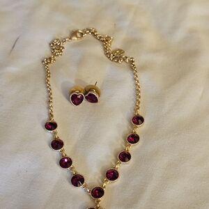 Gold-Tone Necklace and Heart Stud Earrings with Fuchsia Stones